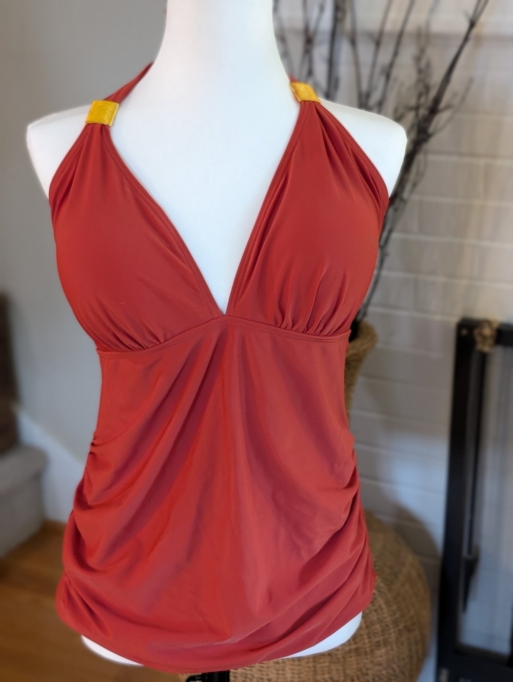 B2PRITY XL Coral Halter Tankini Swim Top Ruched Tummy Control Gold Accent